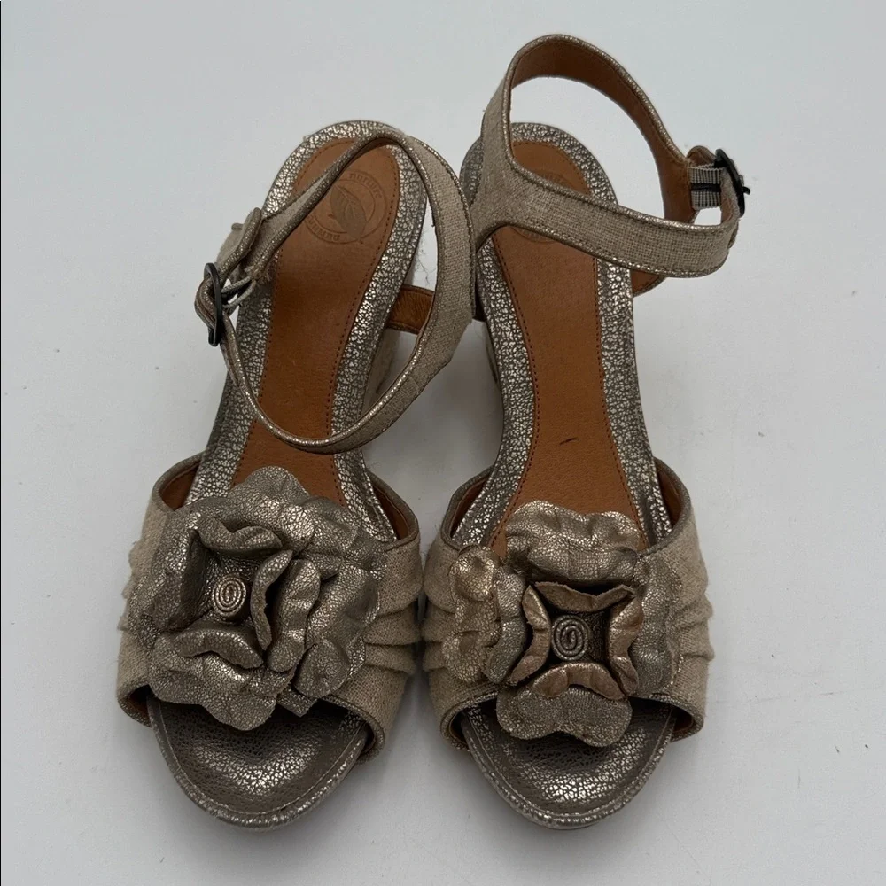 Vintage Elegant Metallic Wedge Sandals leather canvas 7.5 boho casual office Y2K